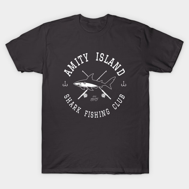 Amity Island Shark Fishing Club White T-Shirt by AngryMongoAff